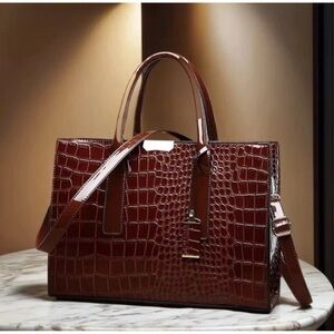 Elegant Brown Crocodile Embossed Handbag faux leather polyurethane